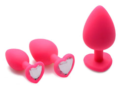 Pink Hearts 3 Piece Silicone Anal Plugs with Gems Accent